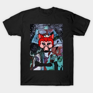 Mysterious Male Character with Animal Mask in a Blue-themed Night T-Shirt